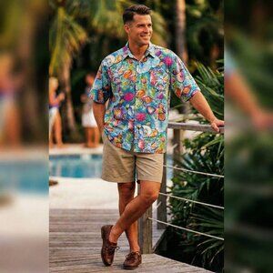 International Male Men’s L Hawaiian Shirt Blue Shell Print 90s Coastal Retro HTF